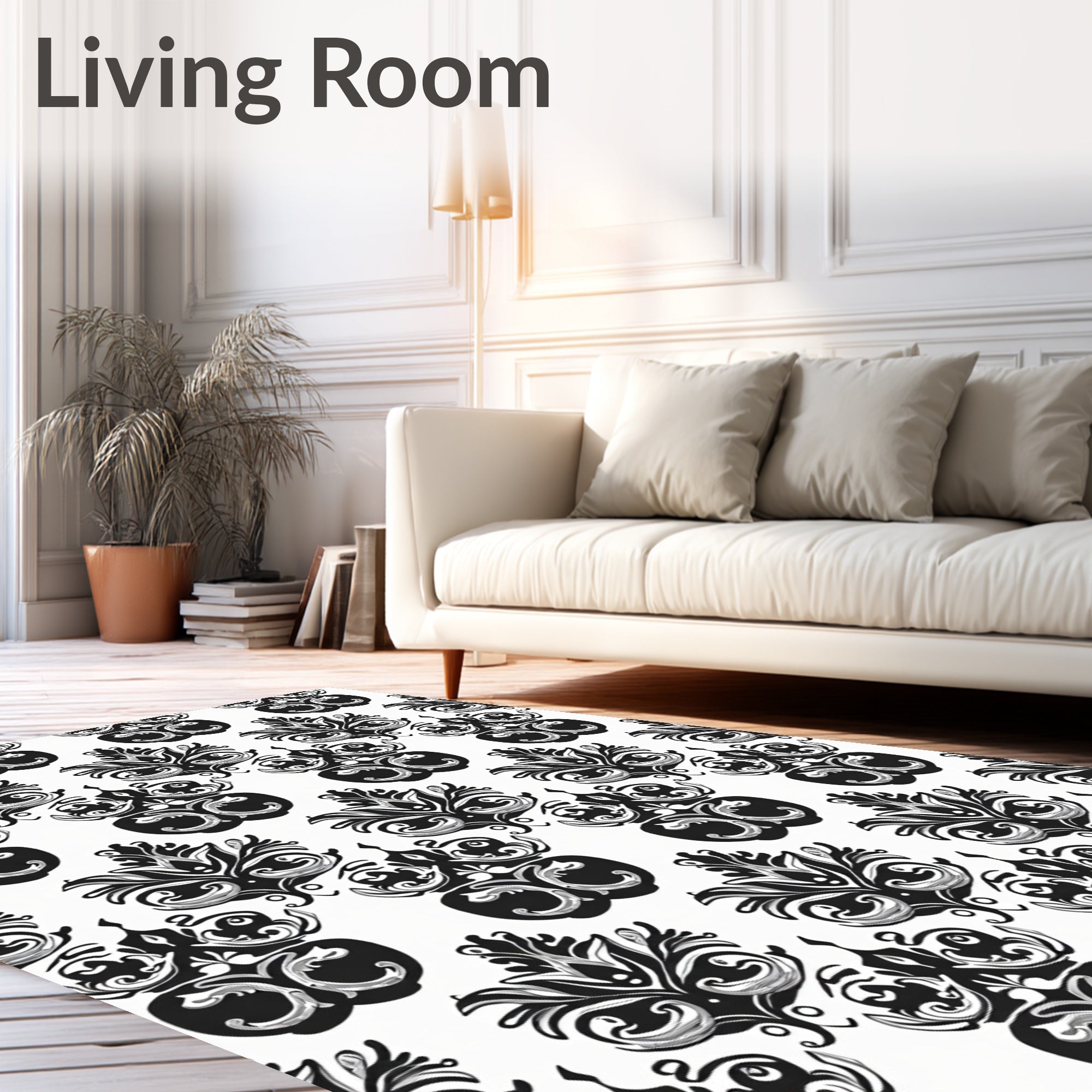 Black White Vintage Floral Scroll Rug