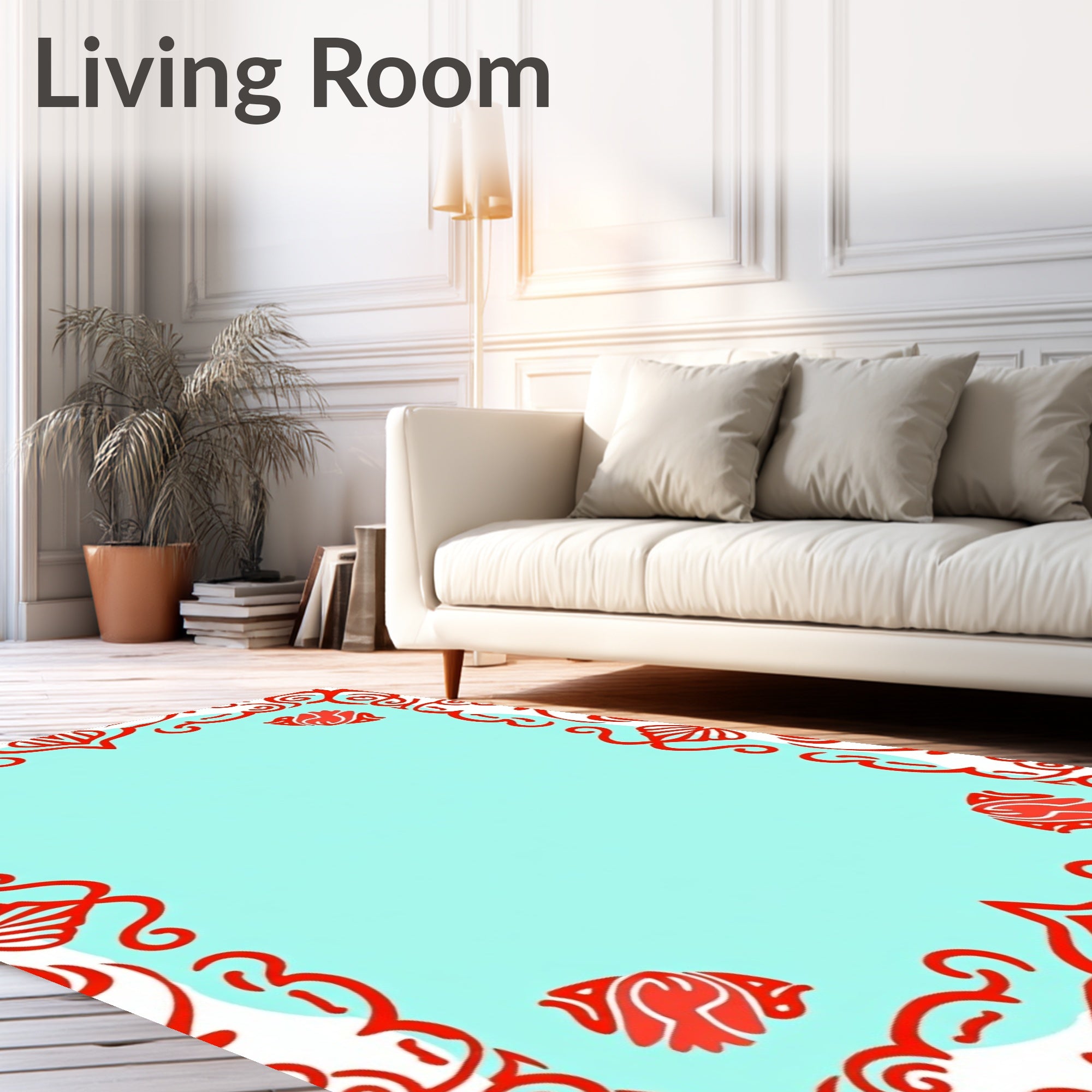 Bright Red Floral Border Light Blue Rug