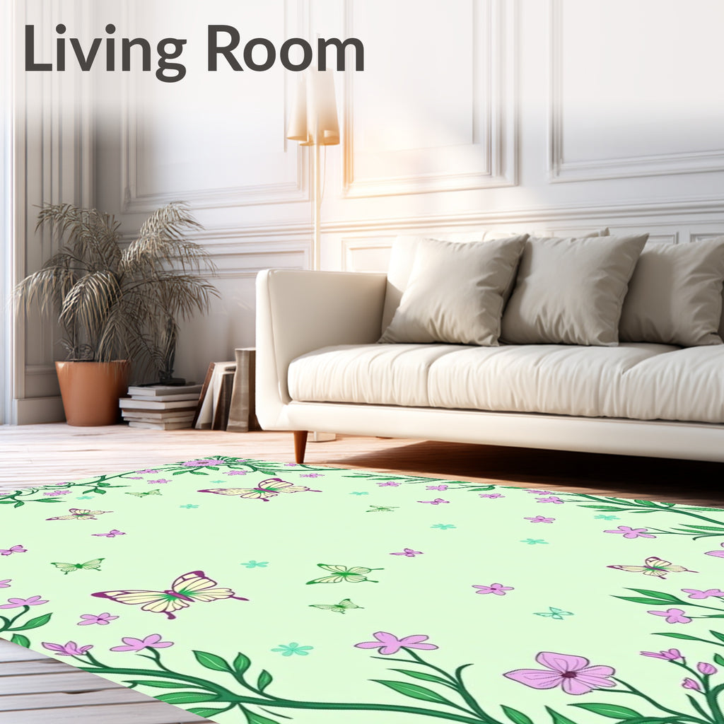 Pale Green Butterfly Floral Swirl Rug