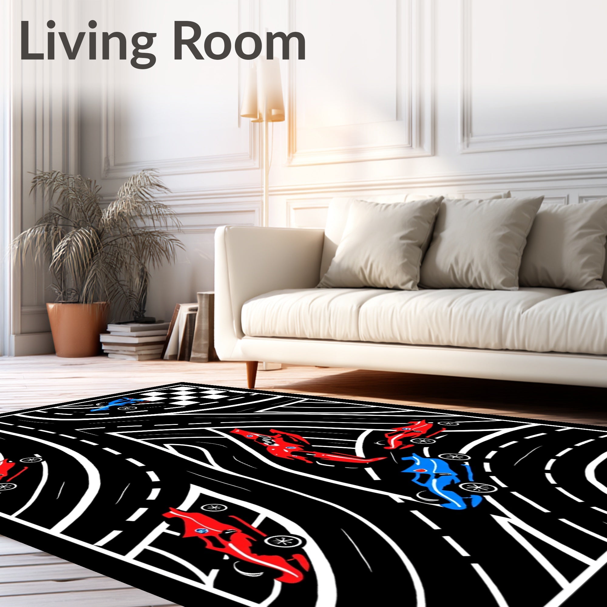 Red Blue Racing Cars Checkered Flag Rug