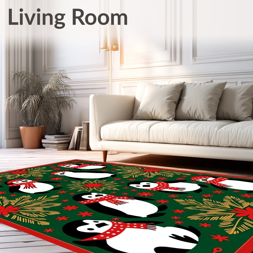Festive Green Penguin Holiday Collection Rug