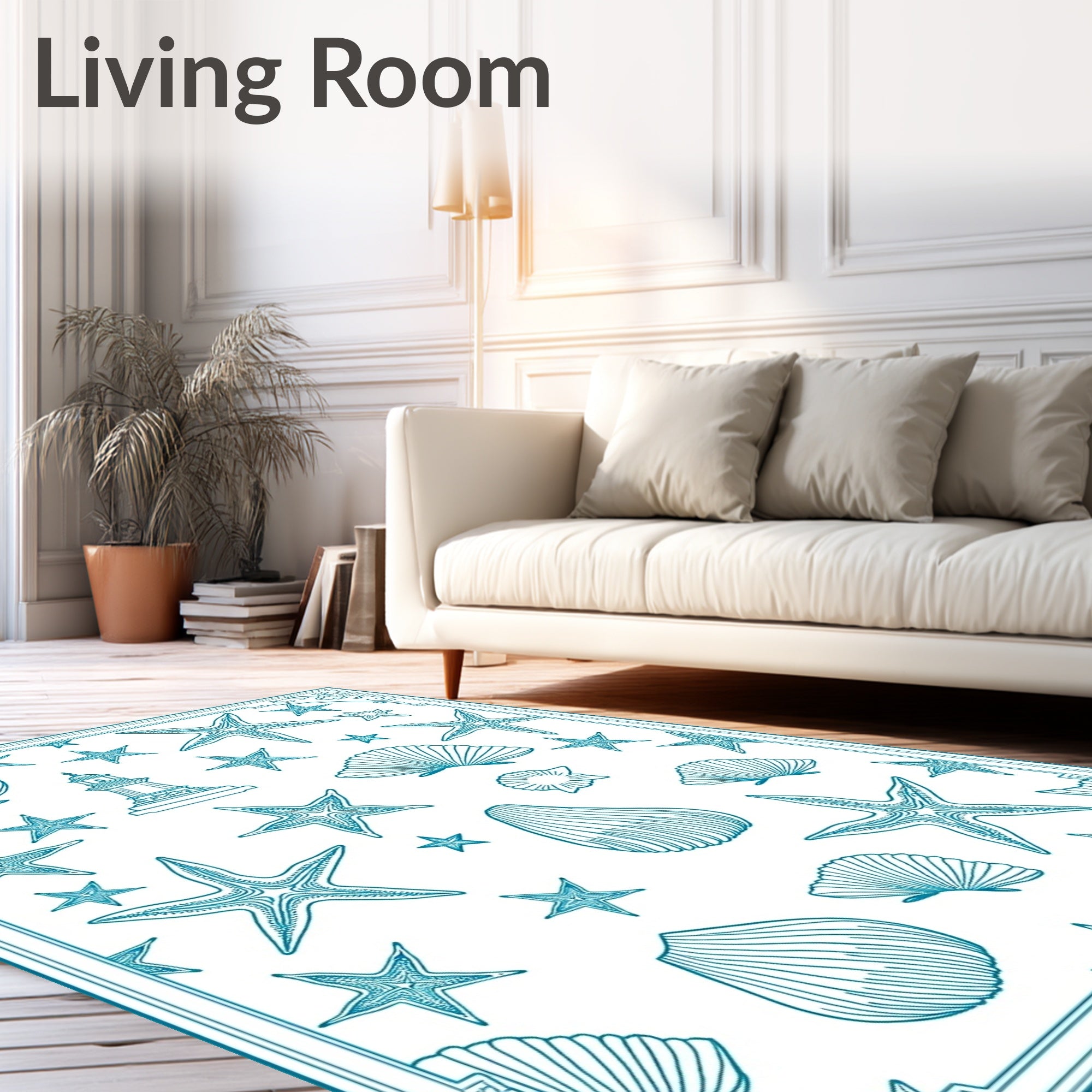 Teal Coastal Lighthouse Shell Starfish Scene Rug