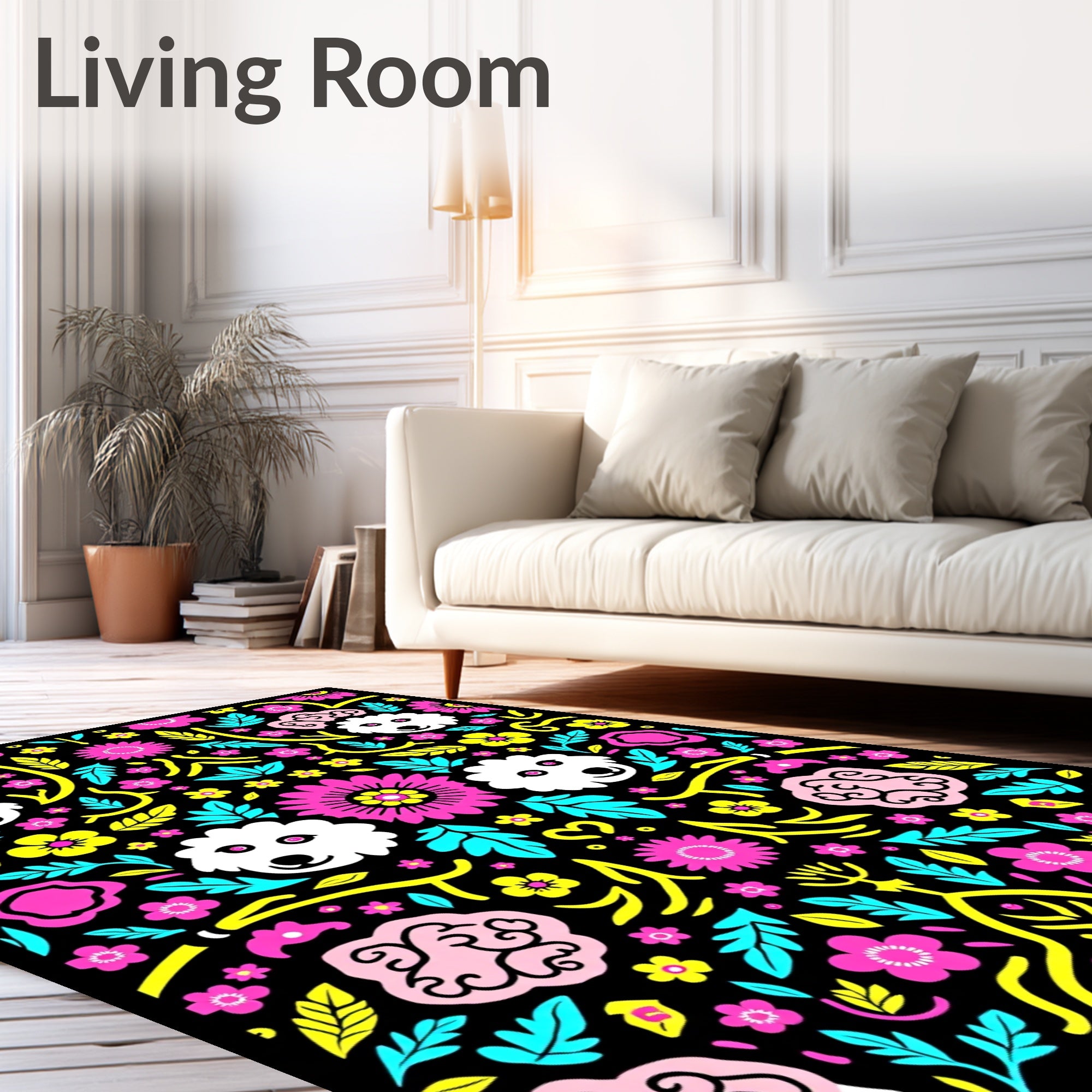 Whimsical pink dog floral art Rug