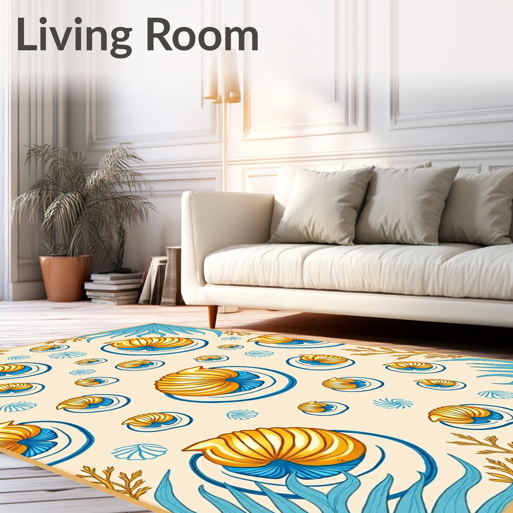 Nautical Gold Nautilus Blue Shells Rug