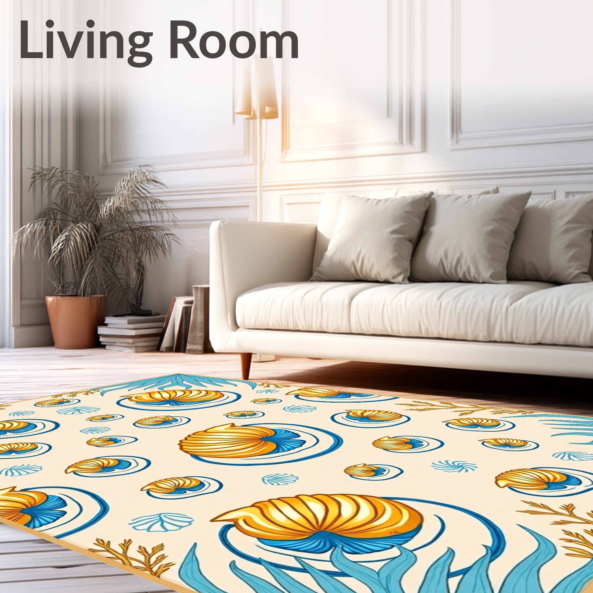 Nautical Gold Nautilus Blue Shells Rug