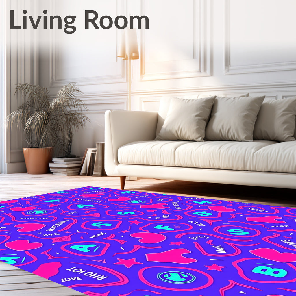 Abstract Pink Blue Alphabets Hearts Rug