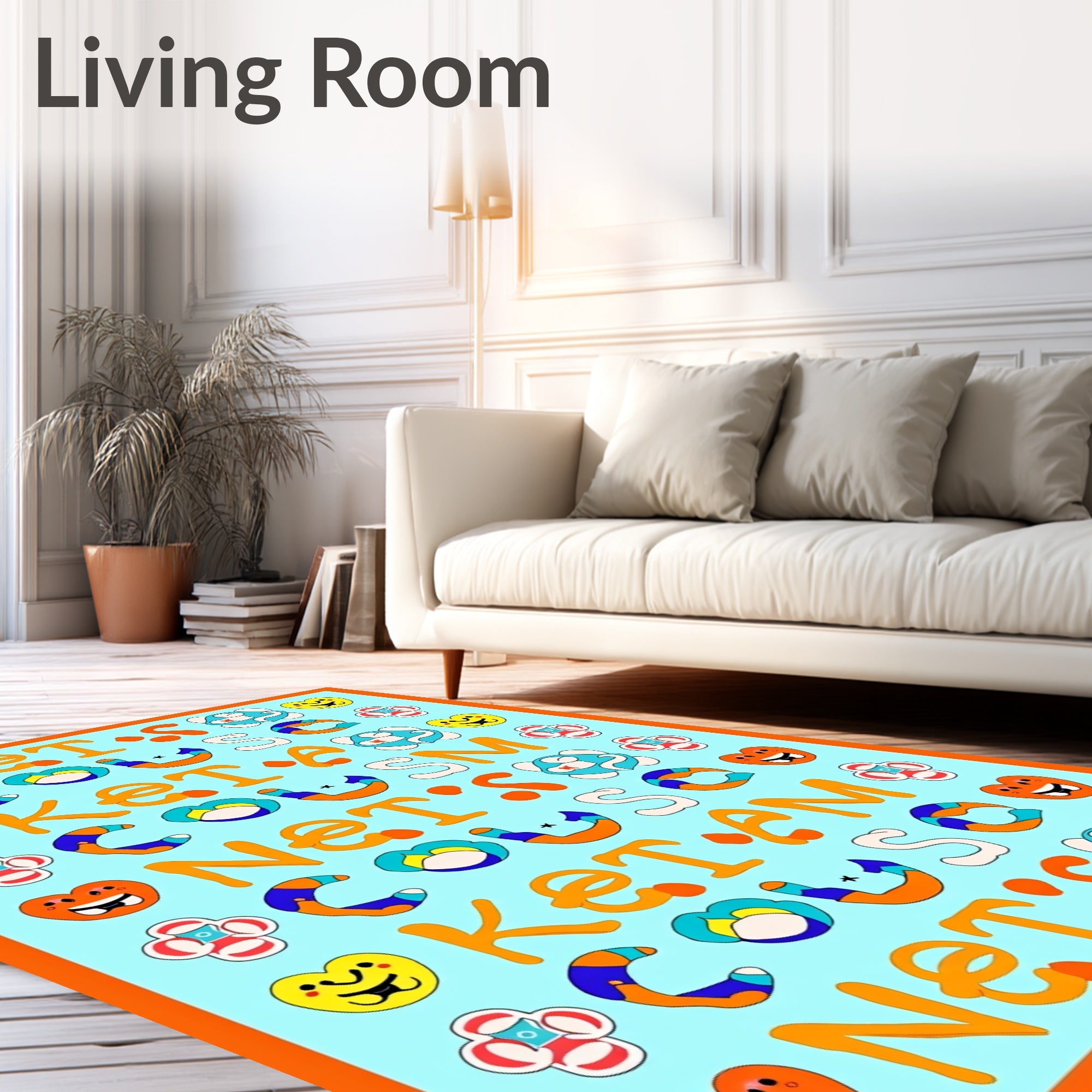 Playful Orange Yellow Blue Characters Rug