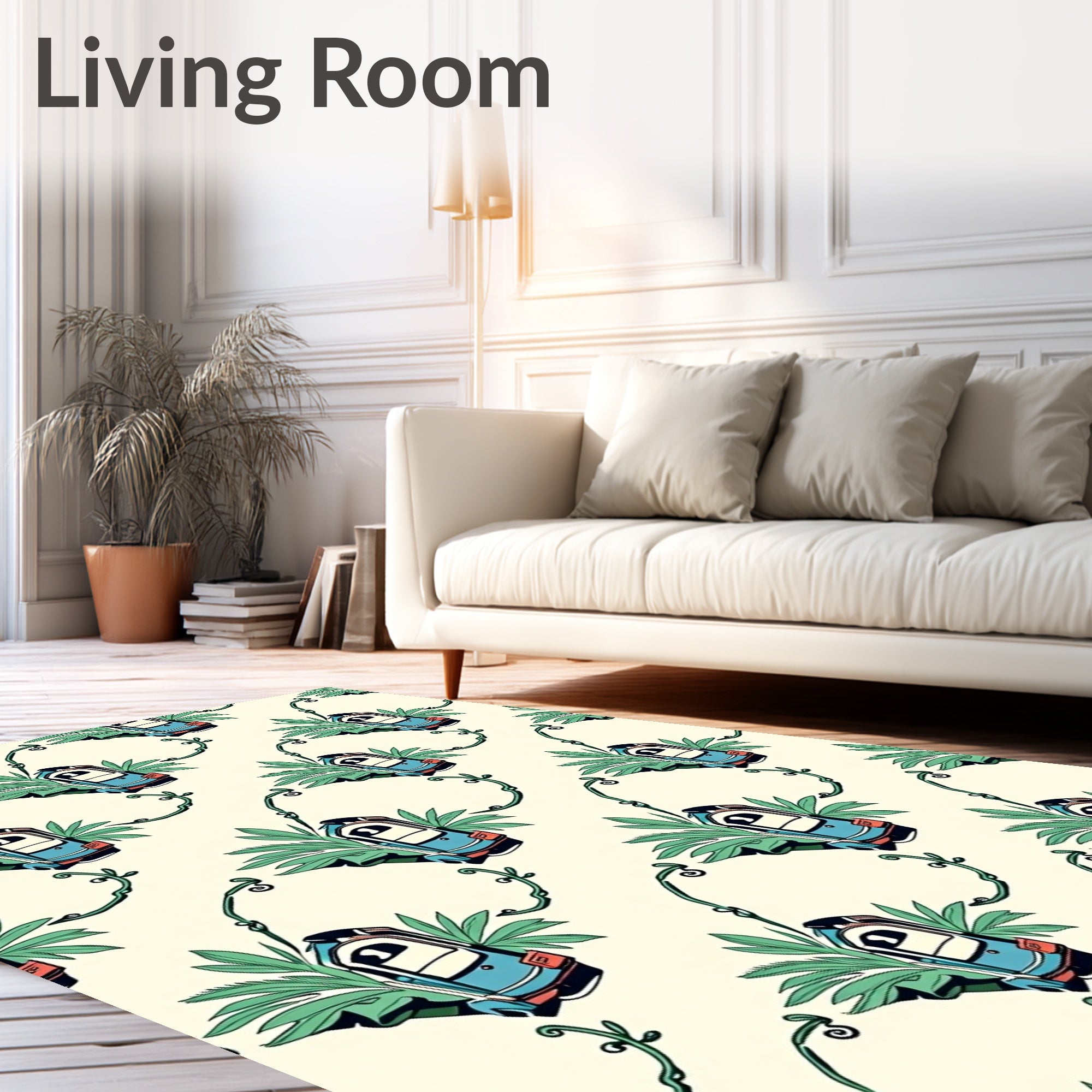 Automobile And Tropical Leaves Repeating Rug