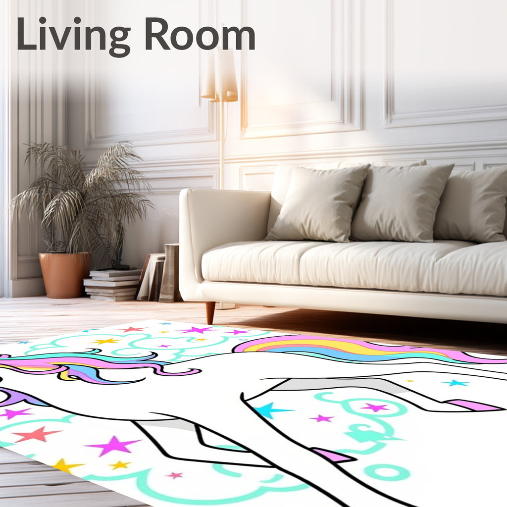 Whimsical Rainbow Unicorn Stars Swirls Rug