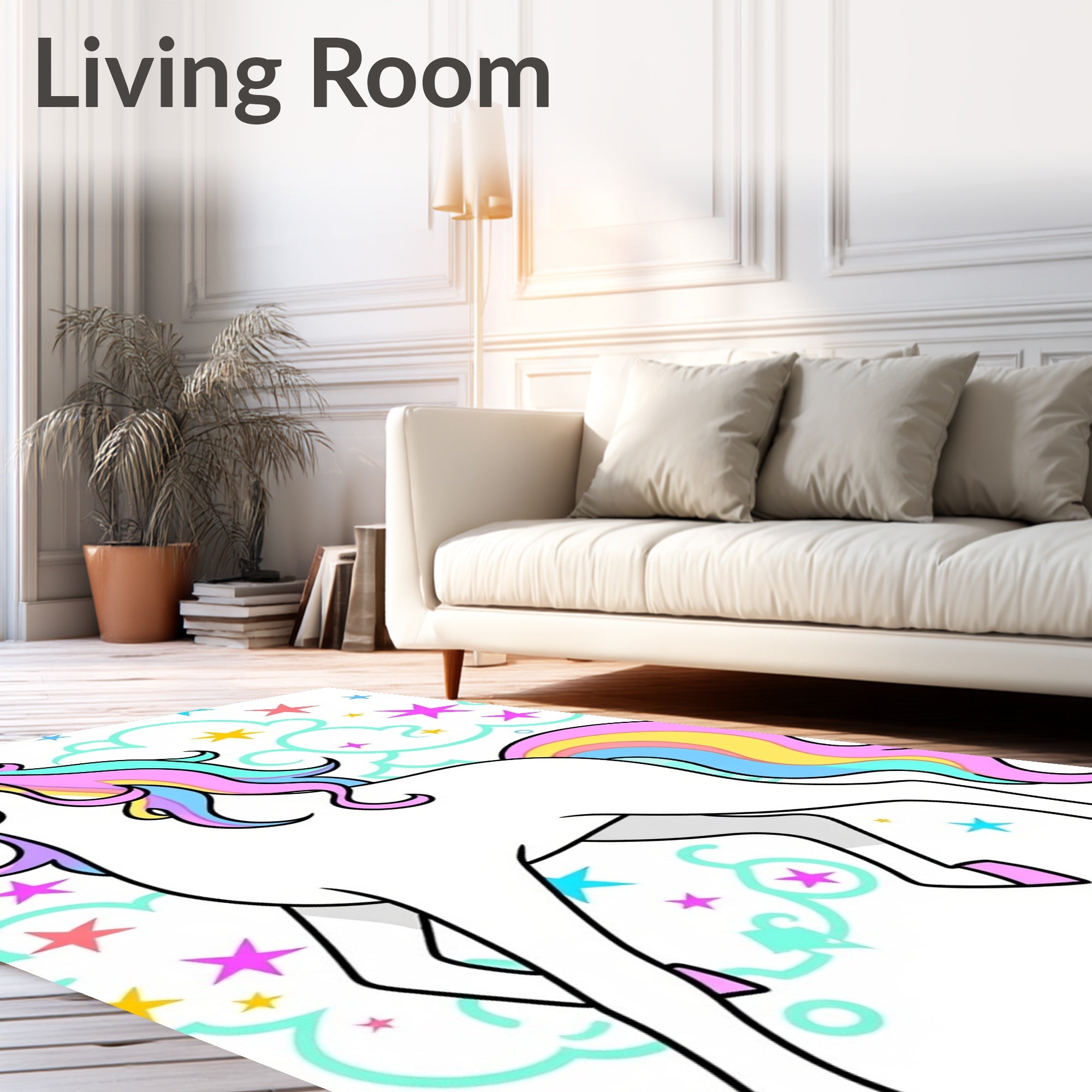 Whimsical Rainbow Unicorn Stars Swirls Rug