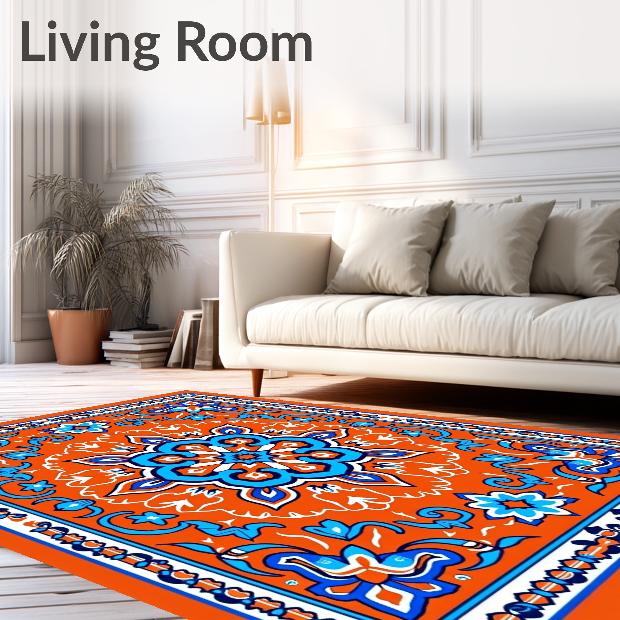 Terracotta Orange Blue Floral Medallion Splash Rug