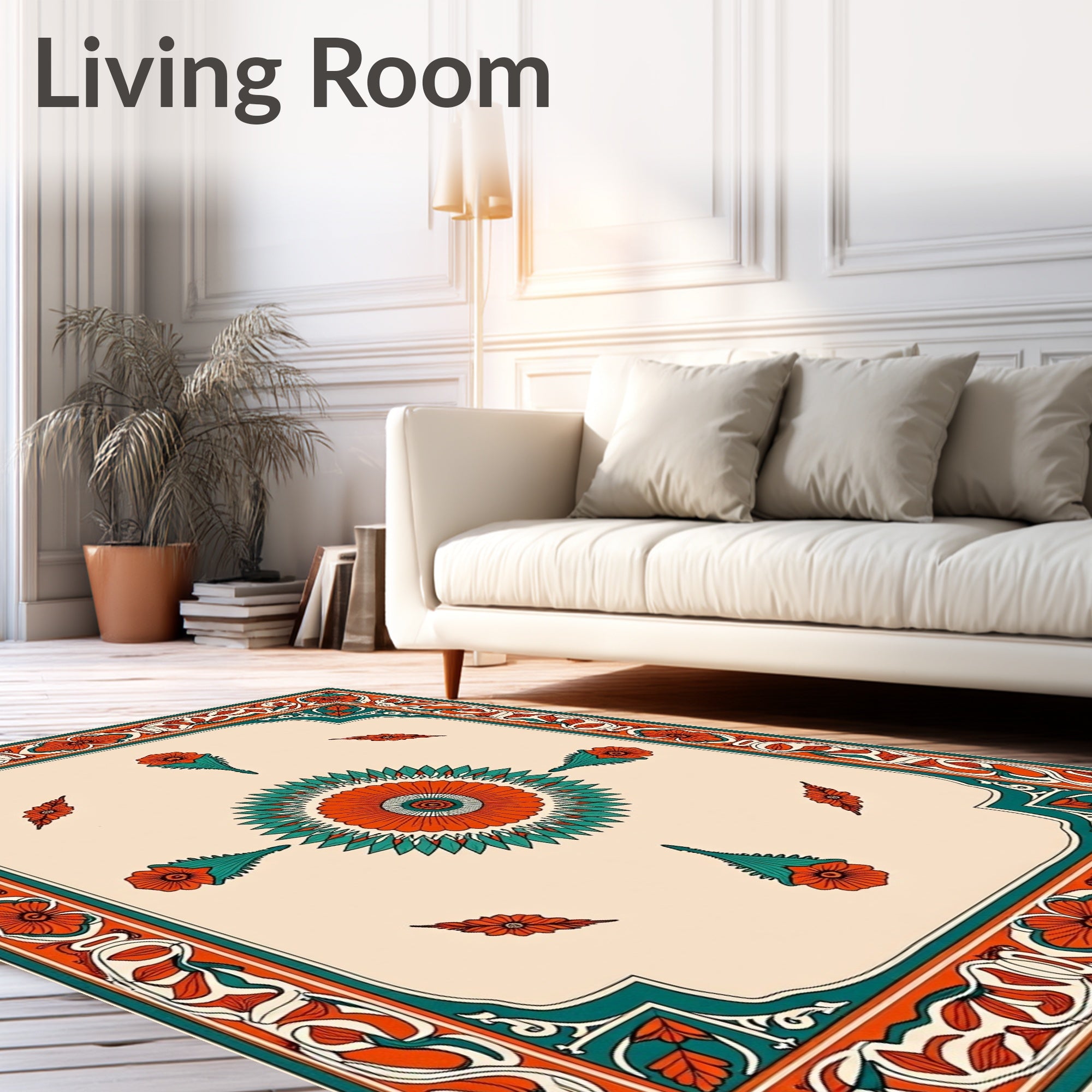 Orange Teal Floral Border Medallion Rug