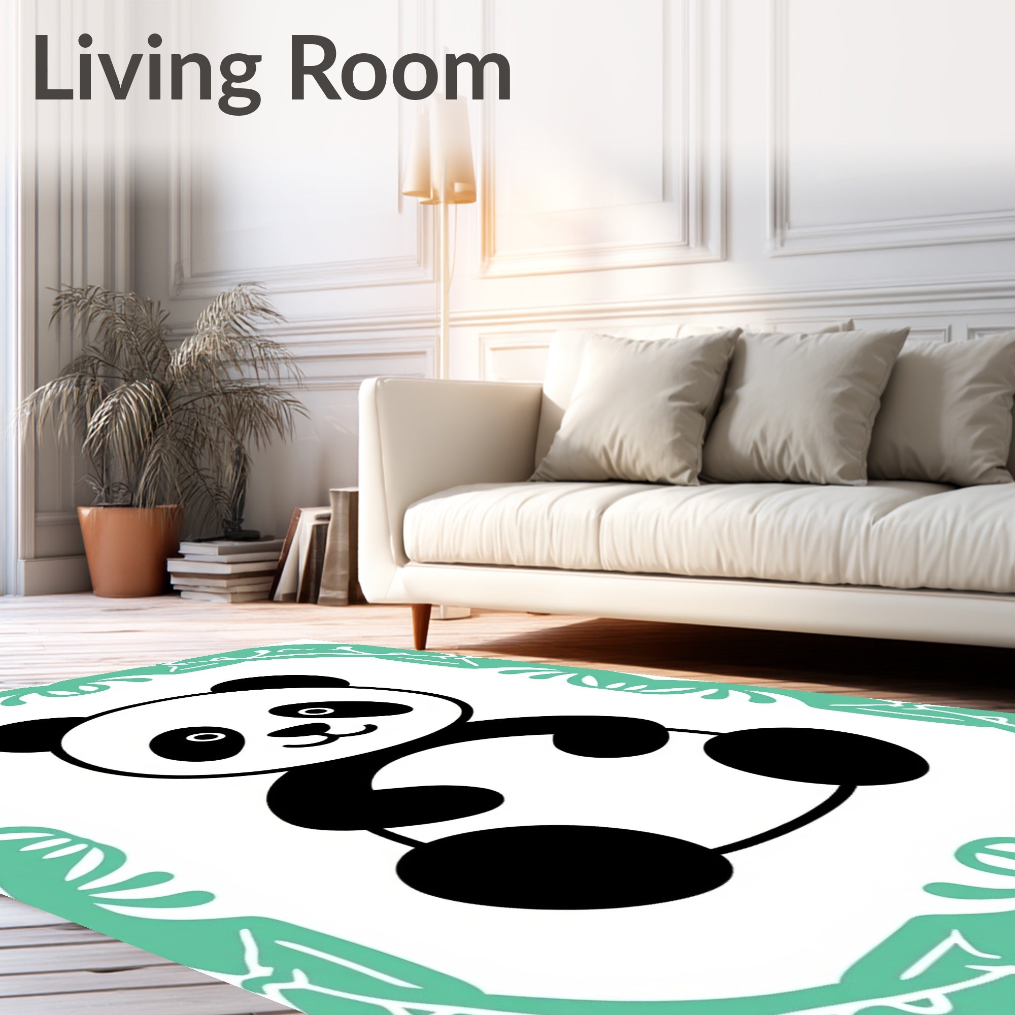 Cute Black and White Panda Mint Border Rug