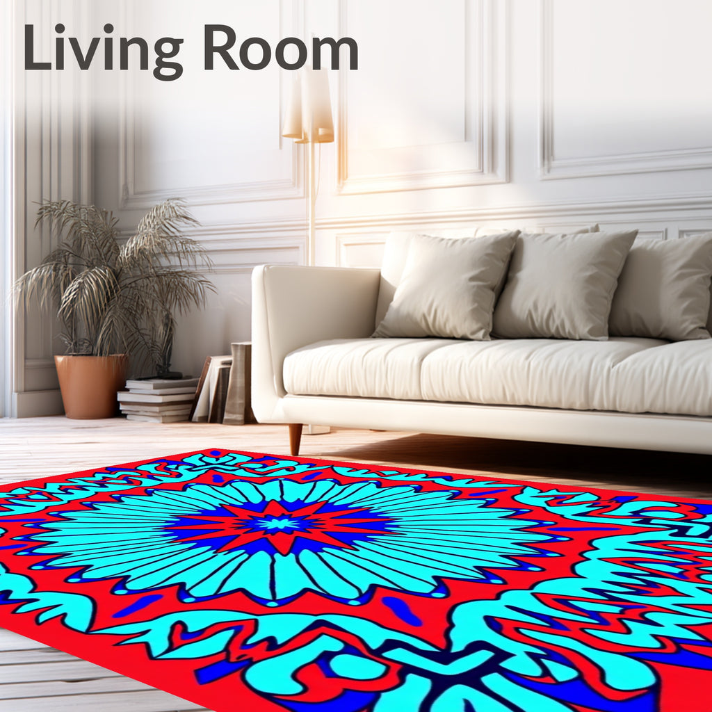 Symmetric Blue Red Floral Sunburst Rug