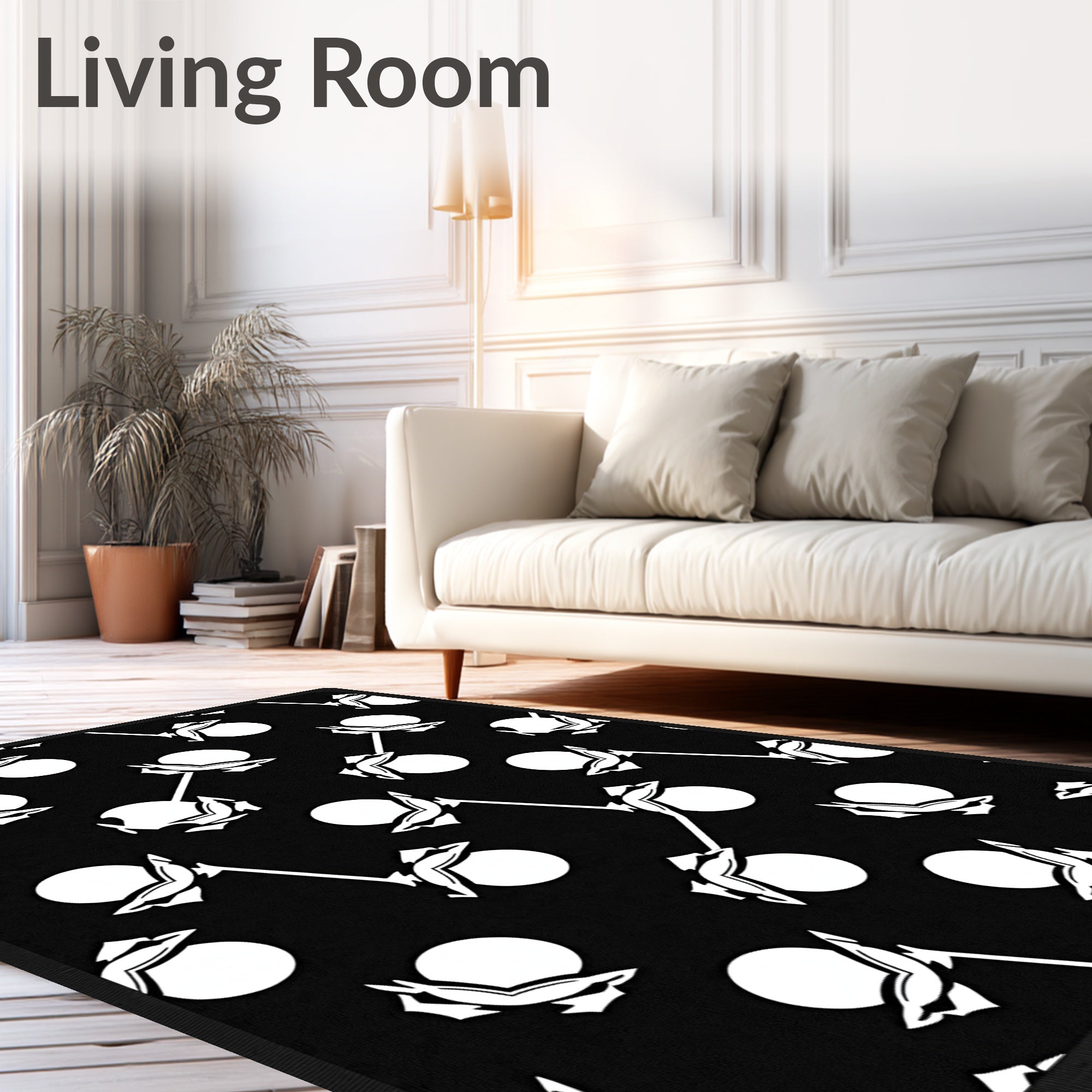 Black White Scattered Polka Dot Floral Rug