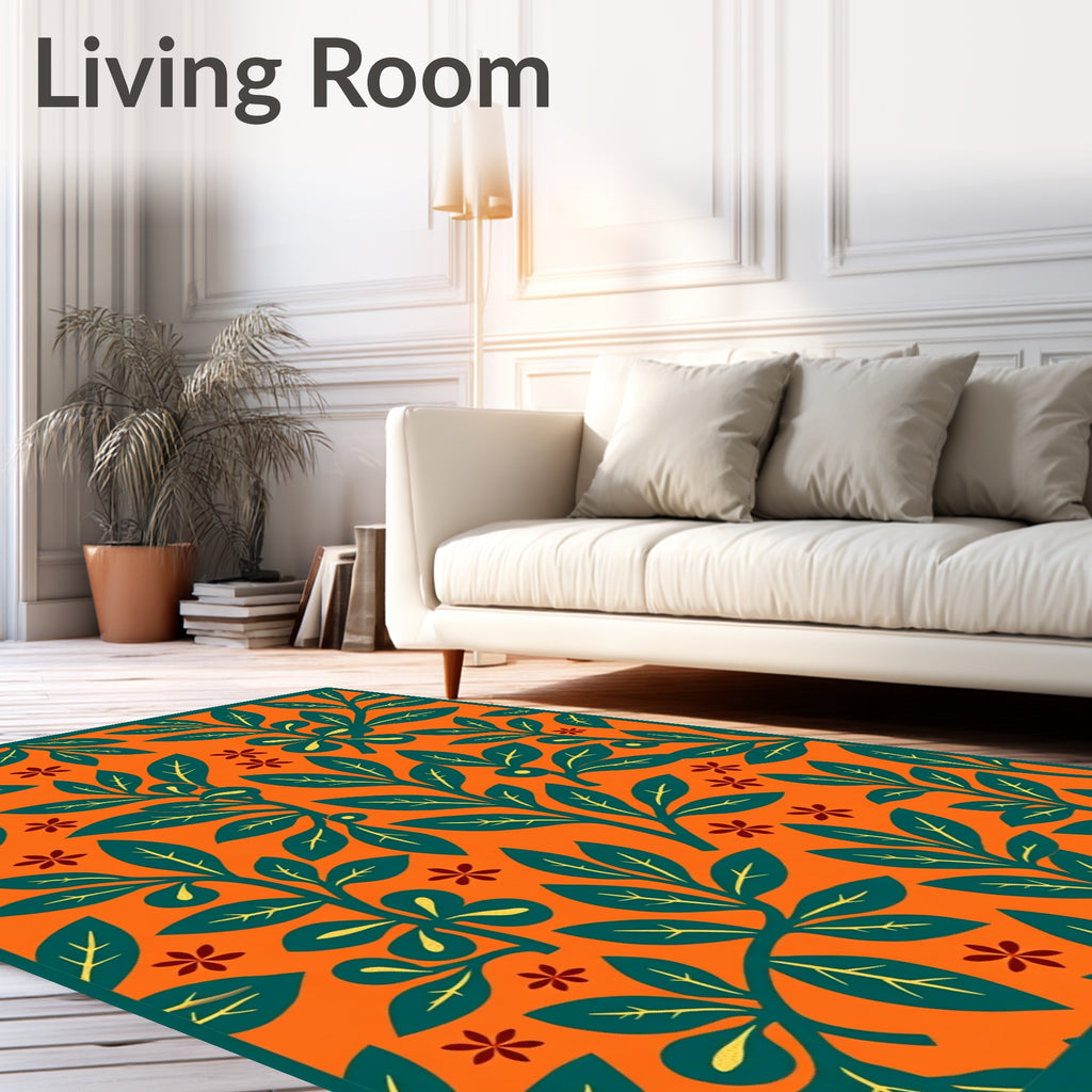 Orange Teal Foliage Floral Garden Rug