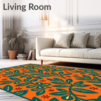 Orange Teal Foliage Floral Garden Rug