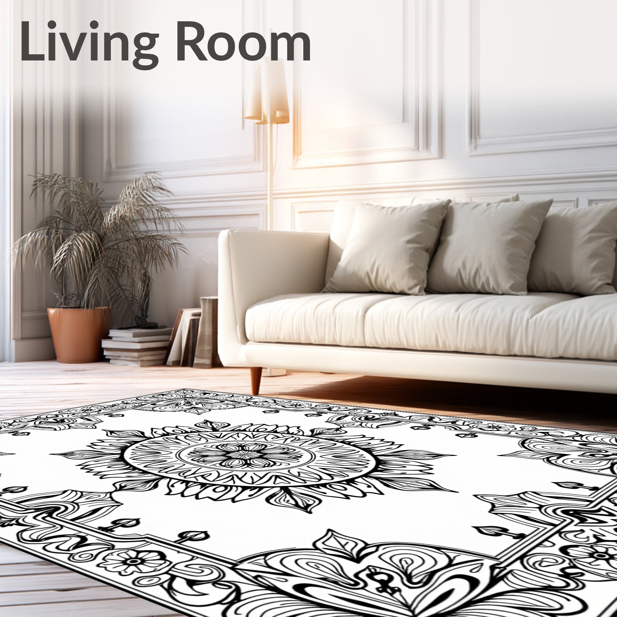 Intricate Black White Mandala Border Rug