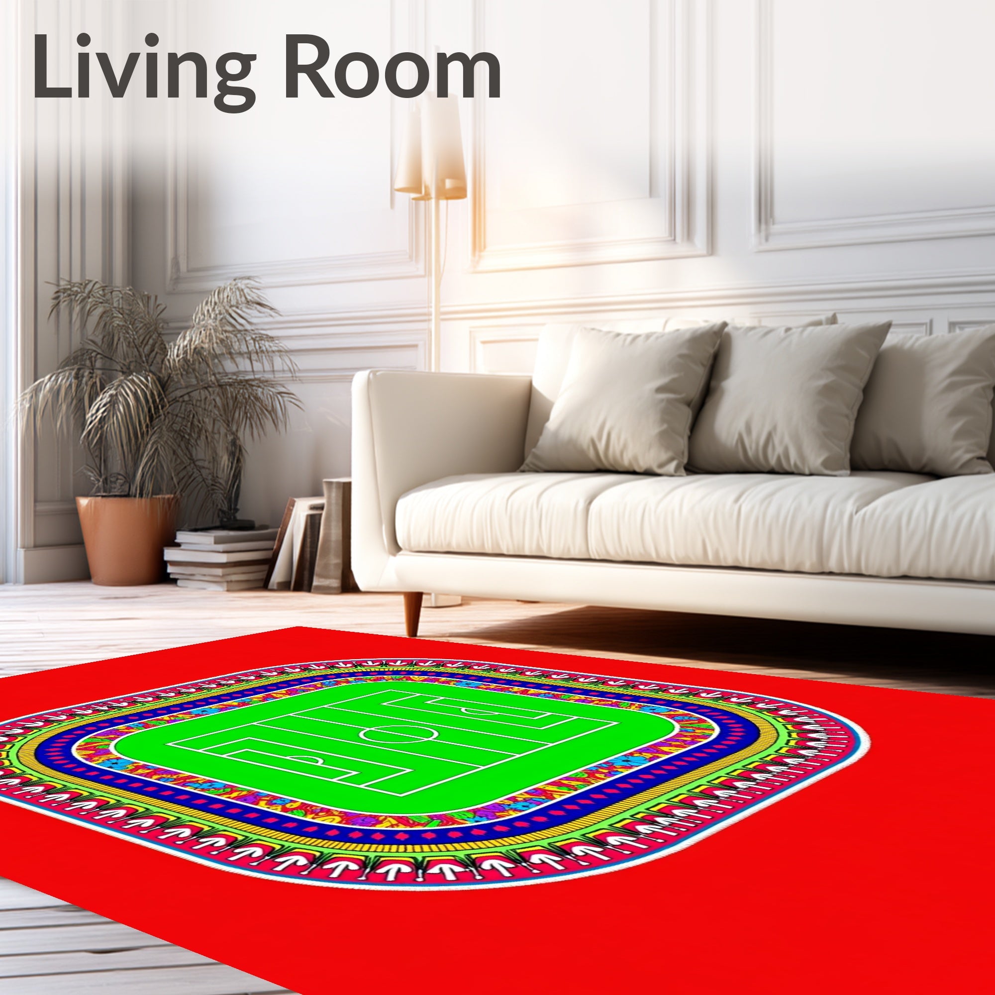 Vibrant Green Soccer Field Tribal Border Rug