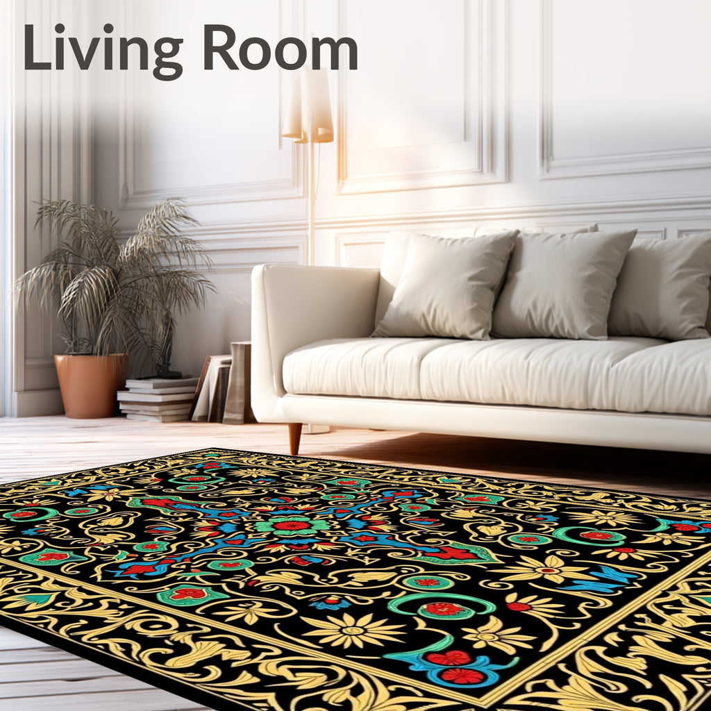 Ornate Red Blue Golden Floral Border Rug