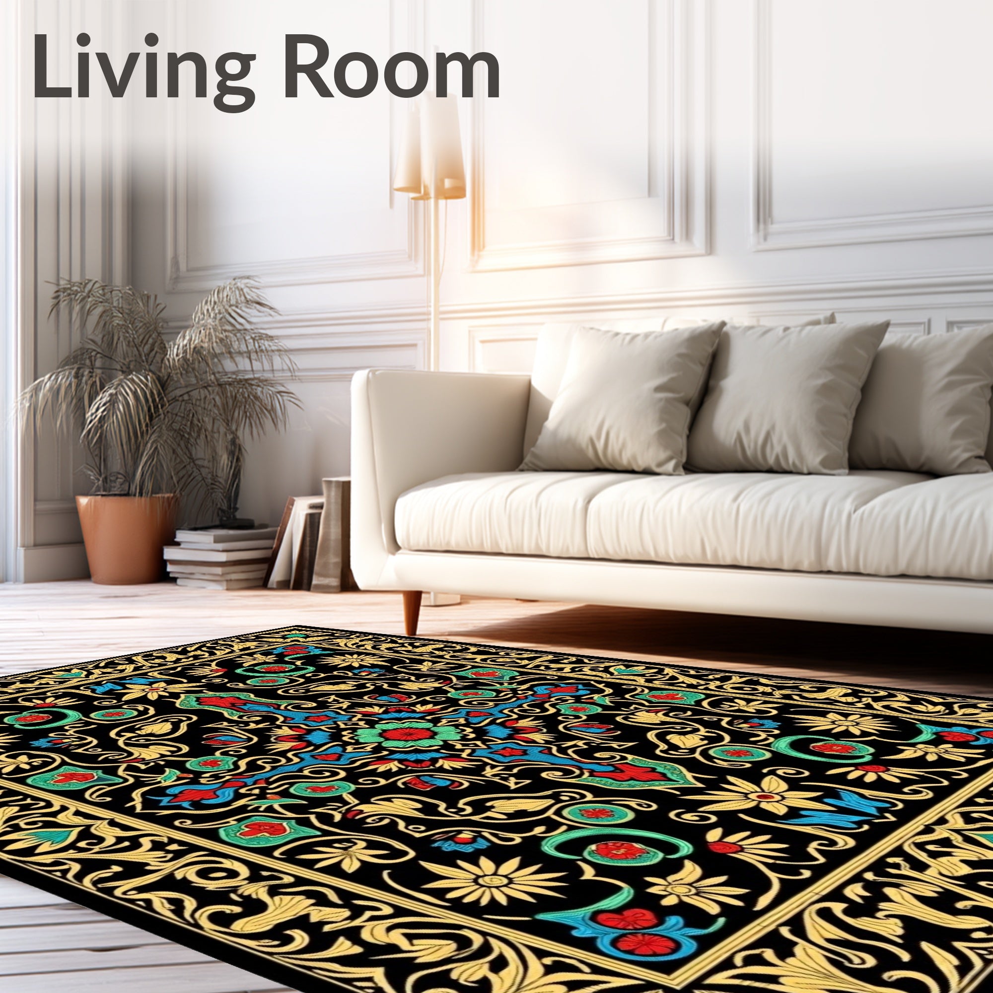 Ornate Red Blue Golden Floral Border Rug
