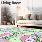 Whimsical Pink Houses and Flowers Scene Rug