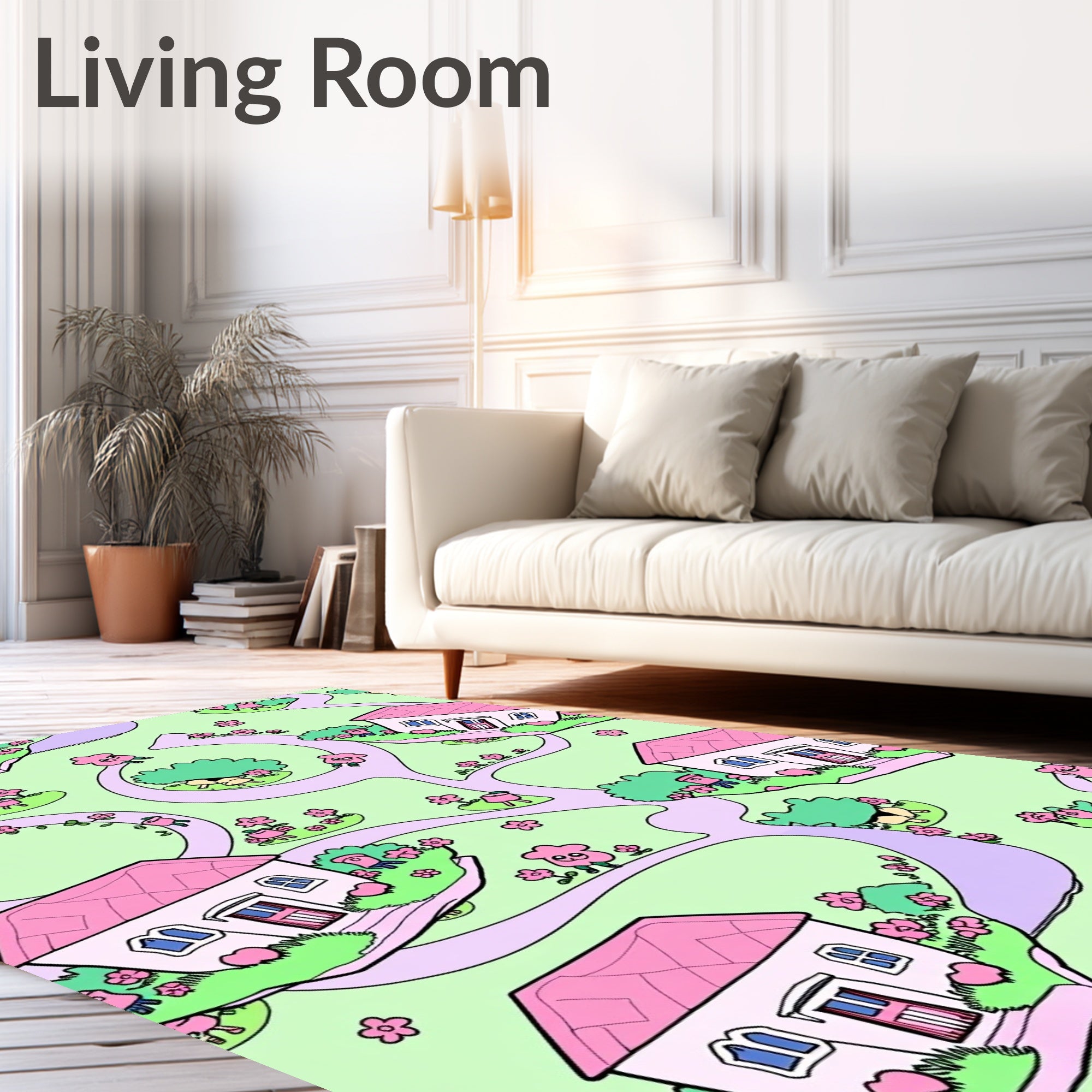 Whimsical Pink Houses and Flowers Scene Rug