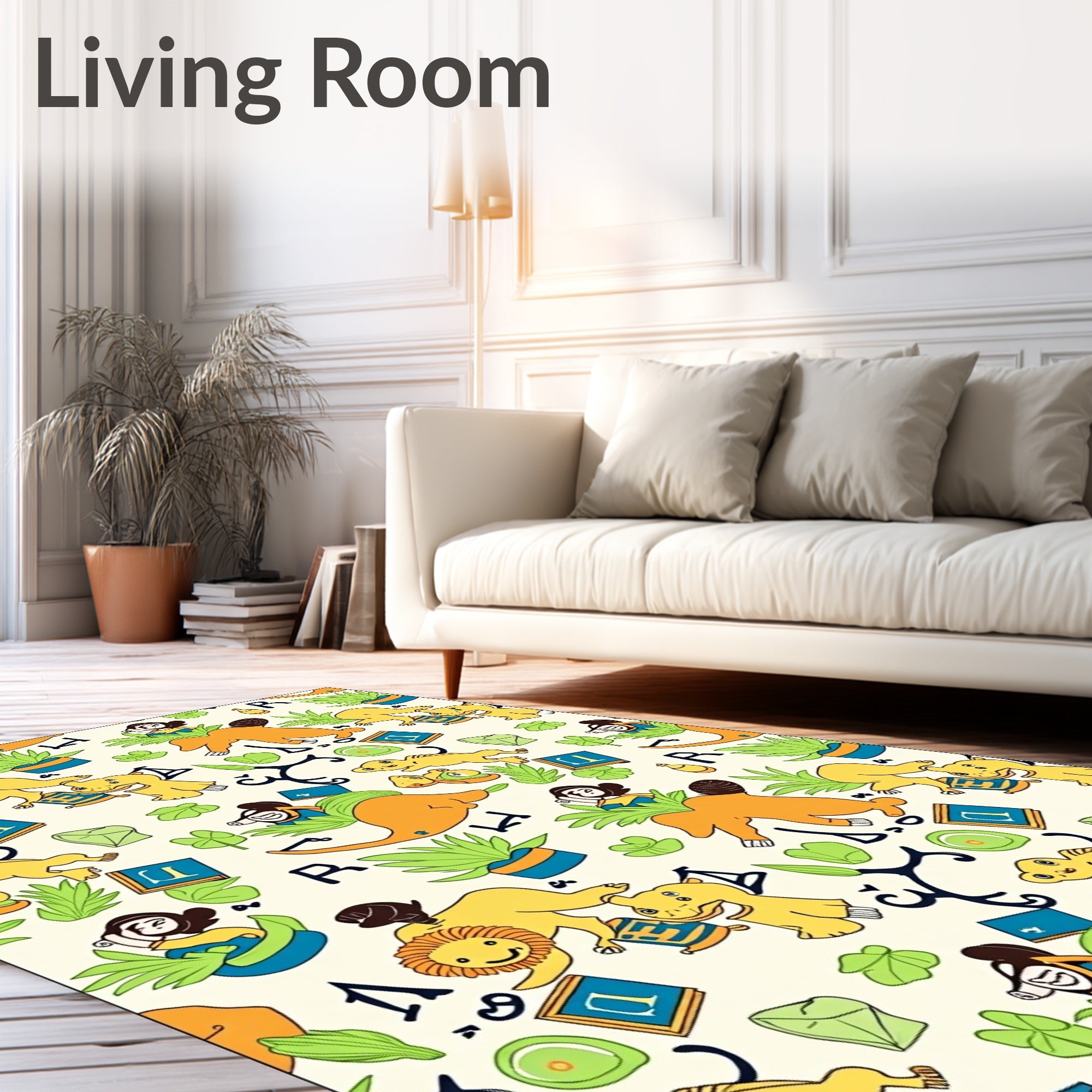 Whimsical Yellow Animals and Letters Rug