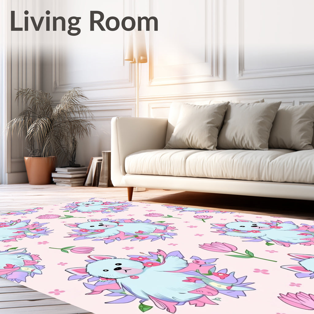 Cute Blue Dog Floral Pink Tulips Rug