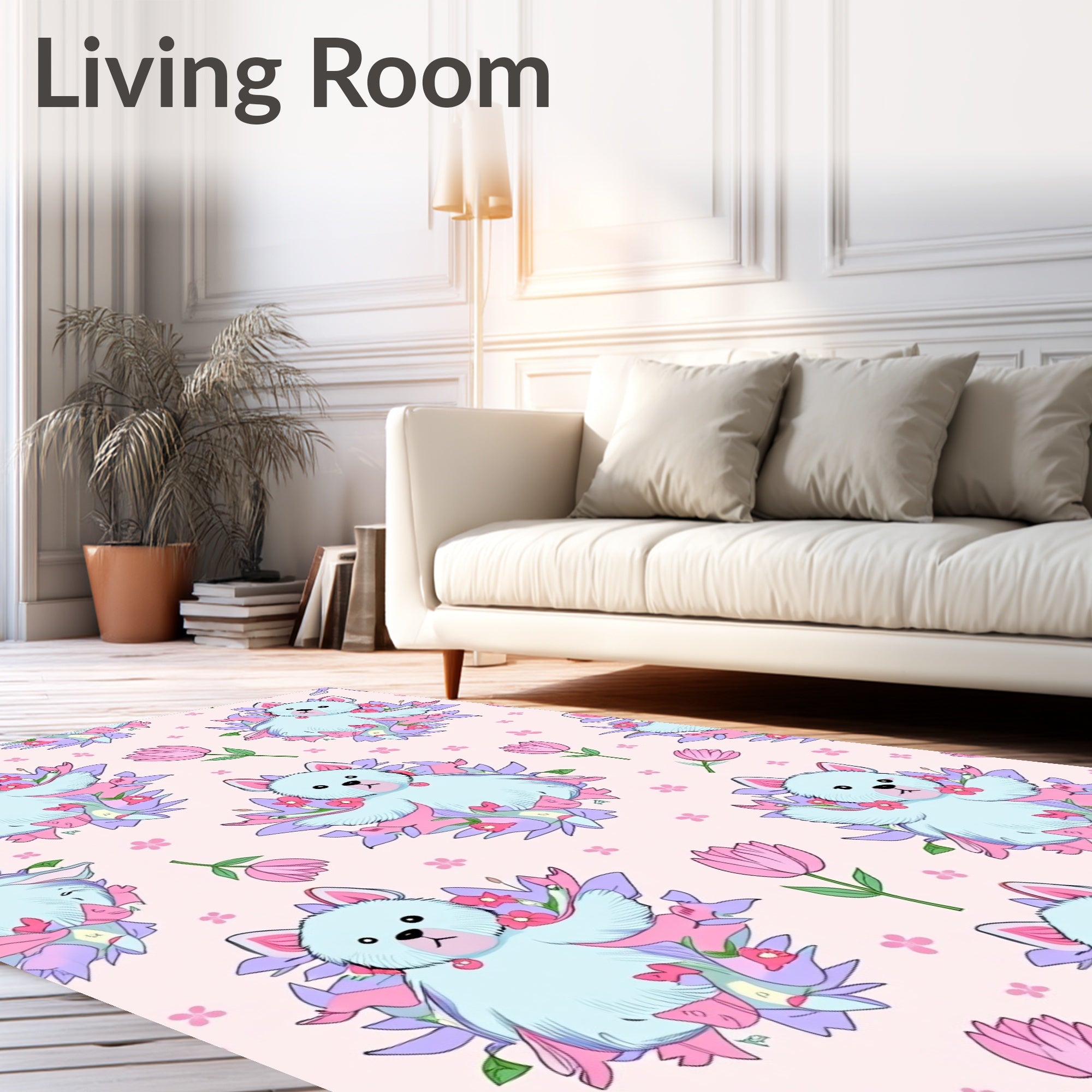 Cute Blue Dog Floral Pink Tulips Rug