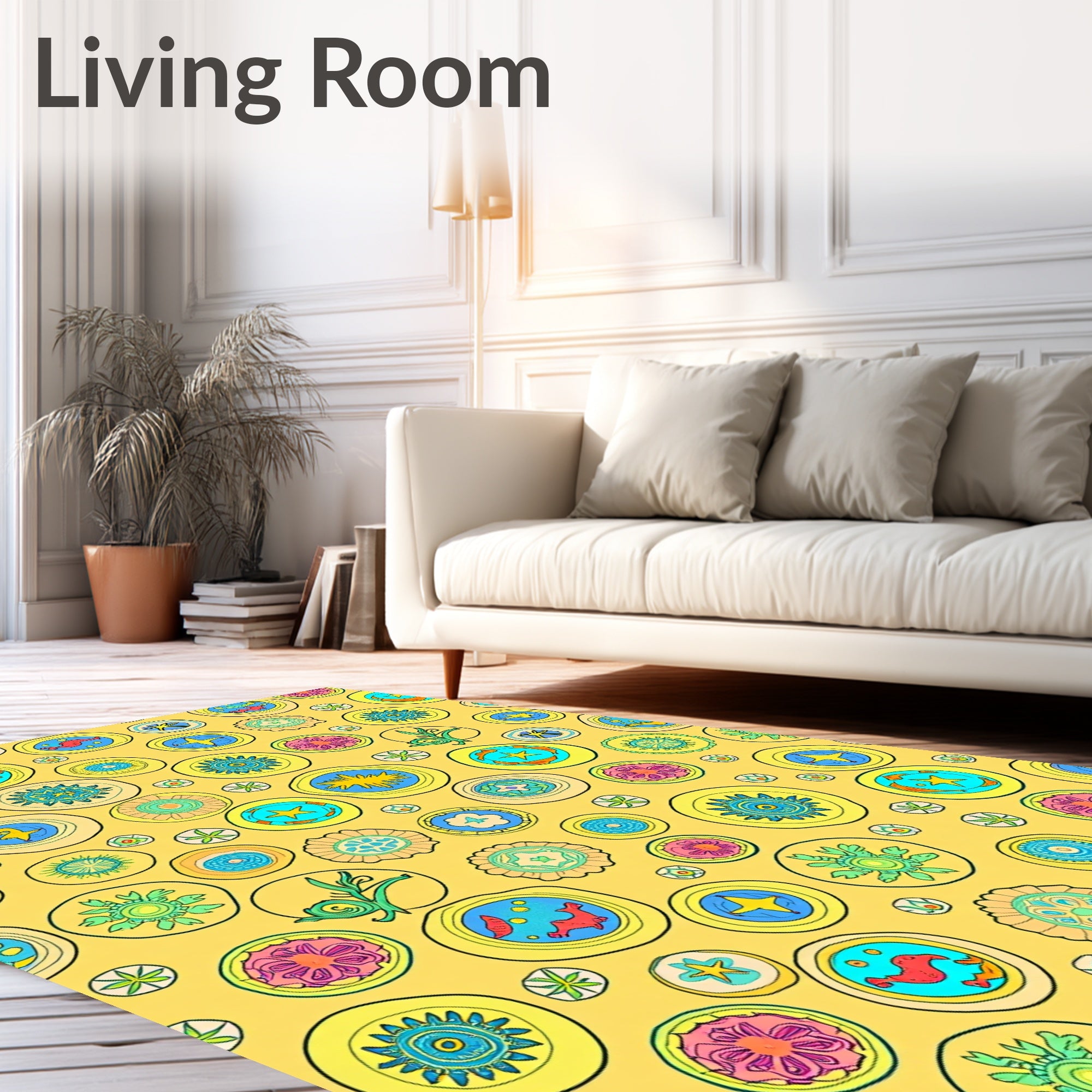 Whimsical Sunny Yellow Circle Collage Rug