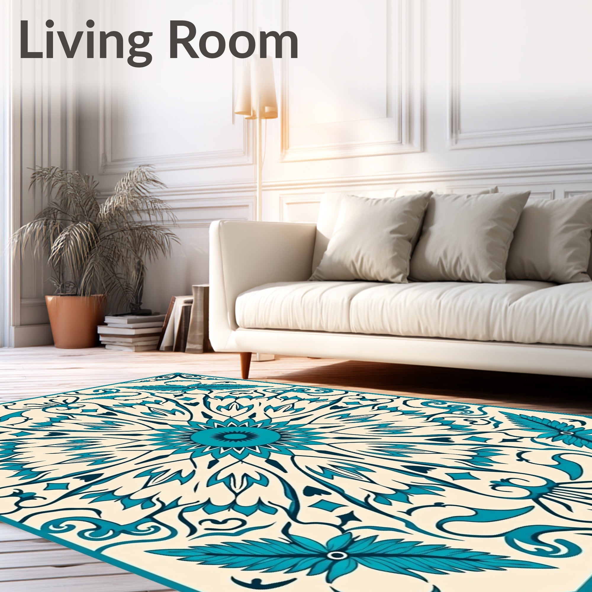 Teal Feathered Floral Sunburst Rug