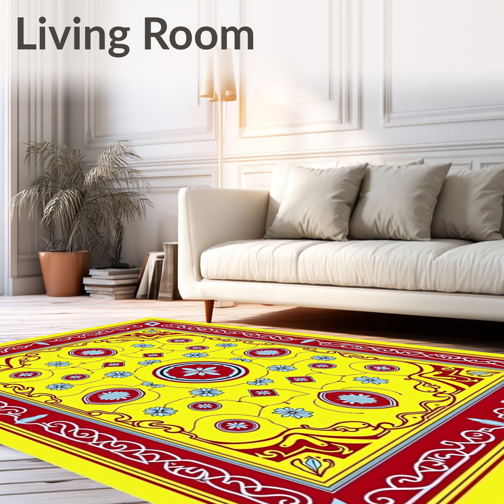 Vibrant Yellow Red Floral Medallion Rug