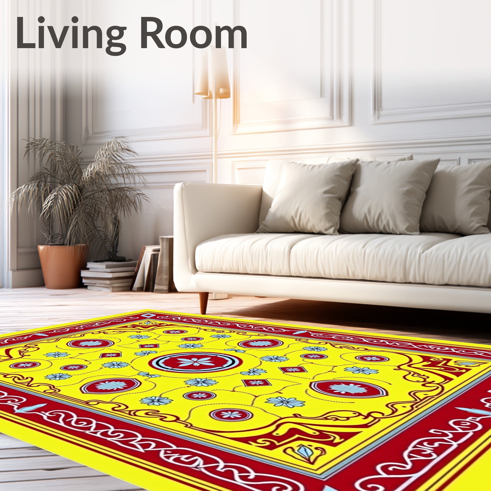 Vibrant Yellow Red Floral Medallion Rug