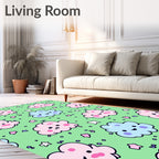 Kawaii Pink Blue Clouds Green Background Rug