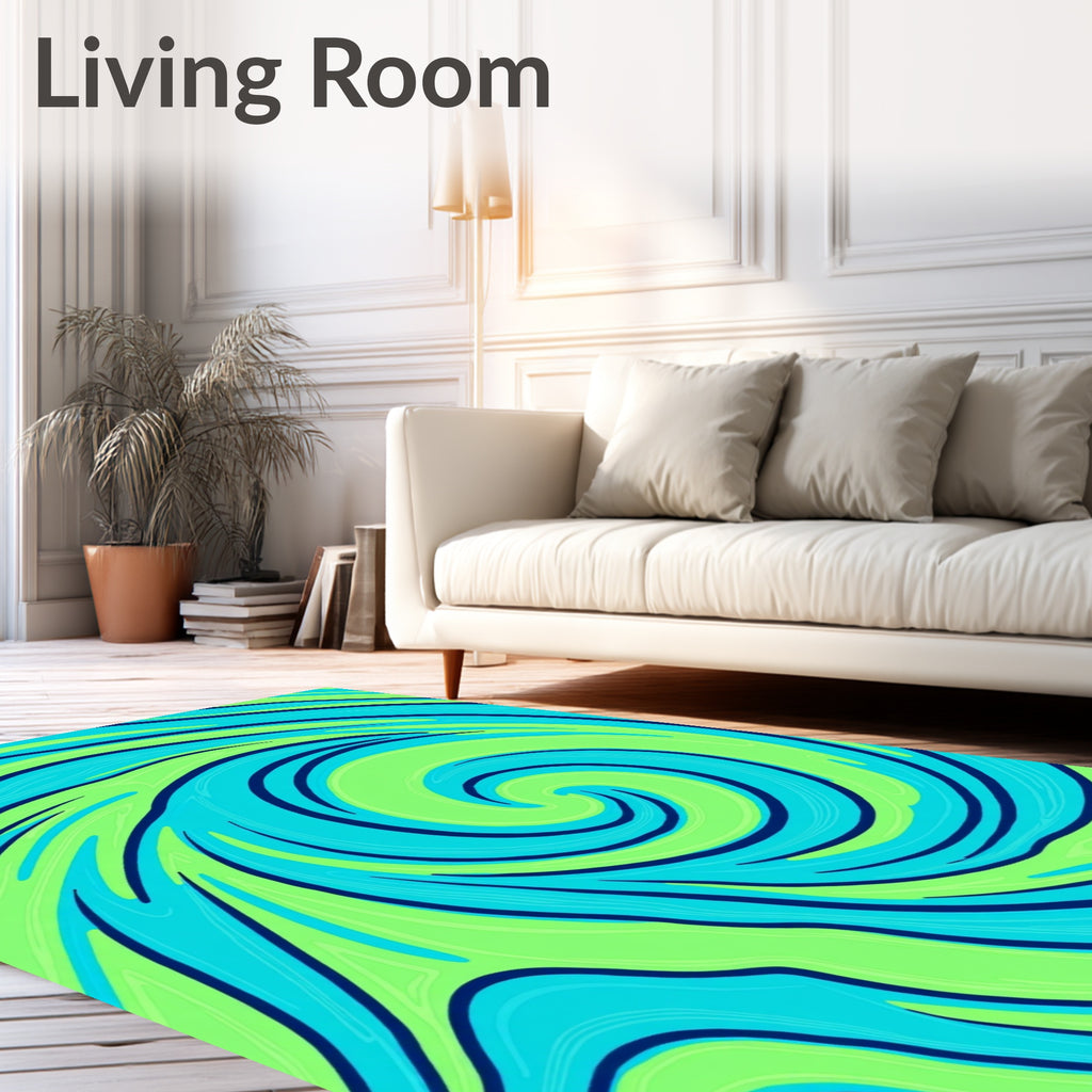 Vibrant Lime Blue Swirl Abstract Rug