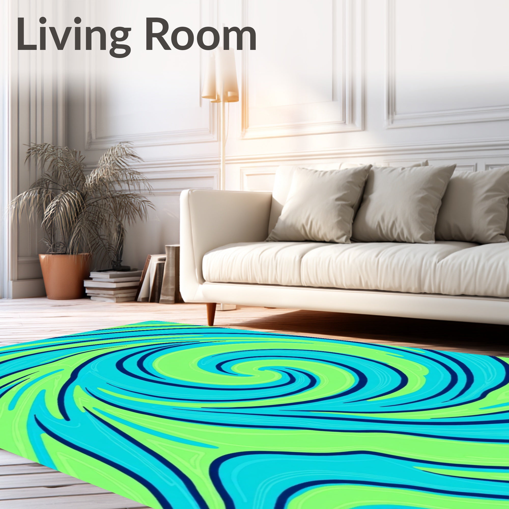 Vibrant Lime Blue Swirl Abstract Rug