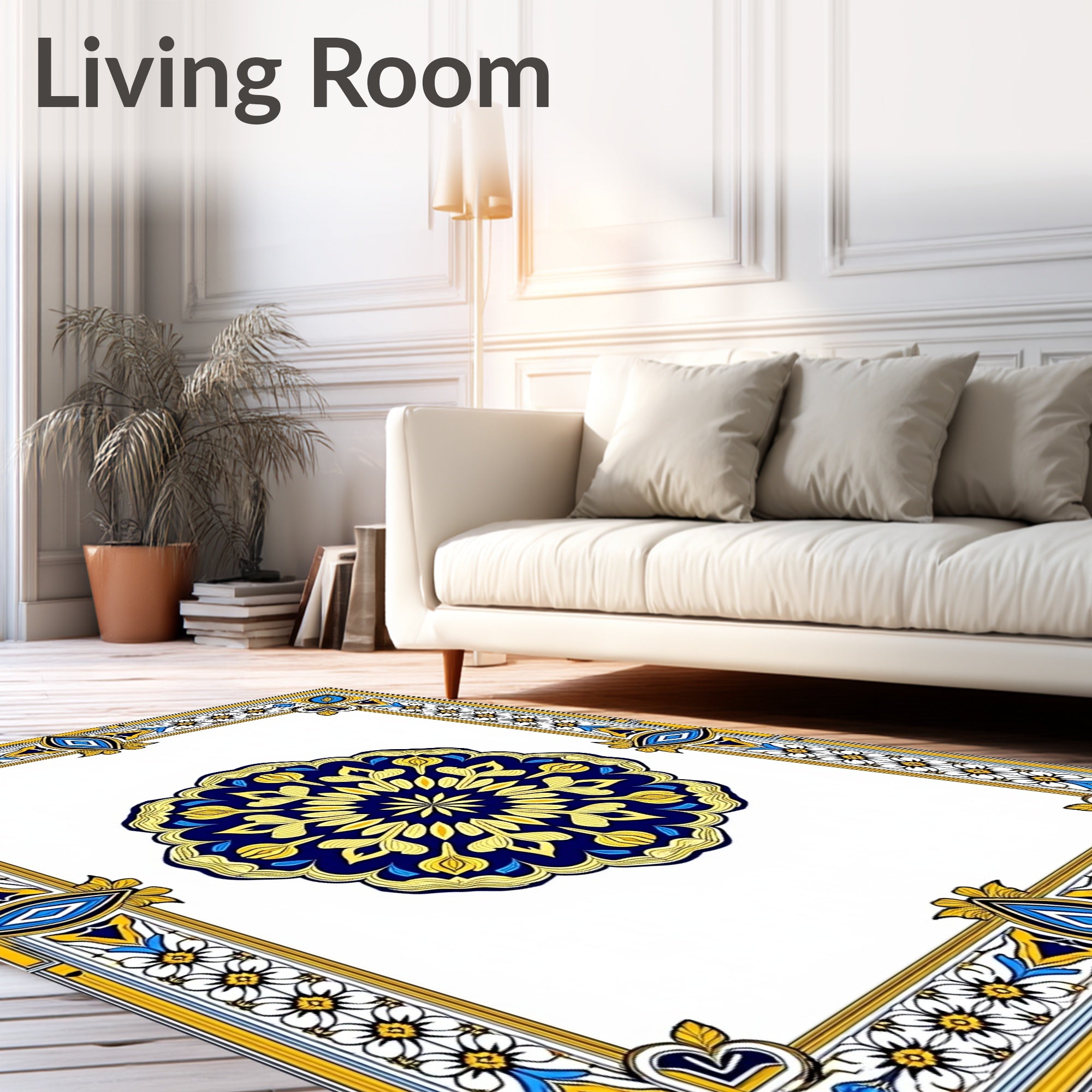 Royal Blue Golden Mandala Frame Rug