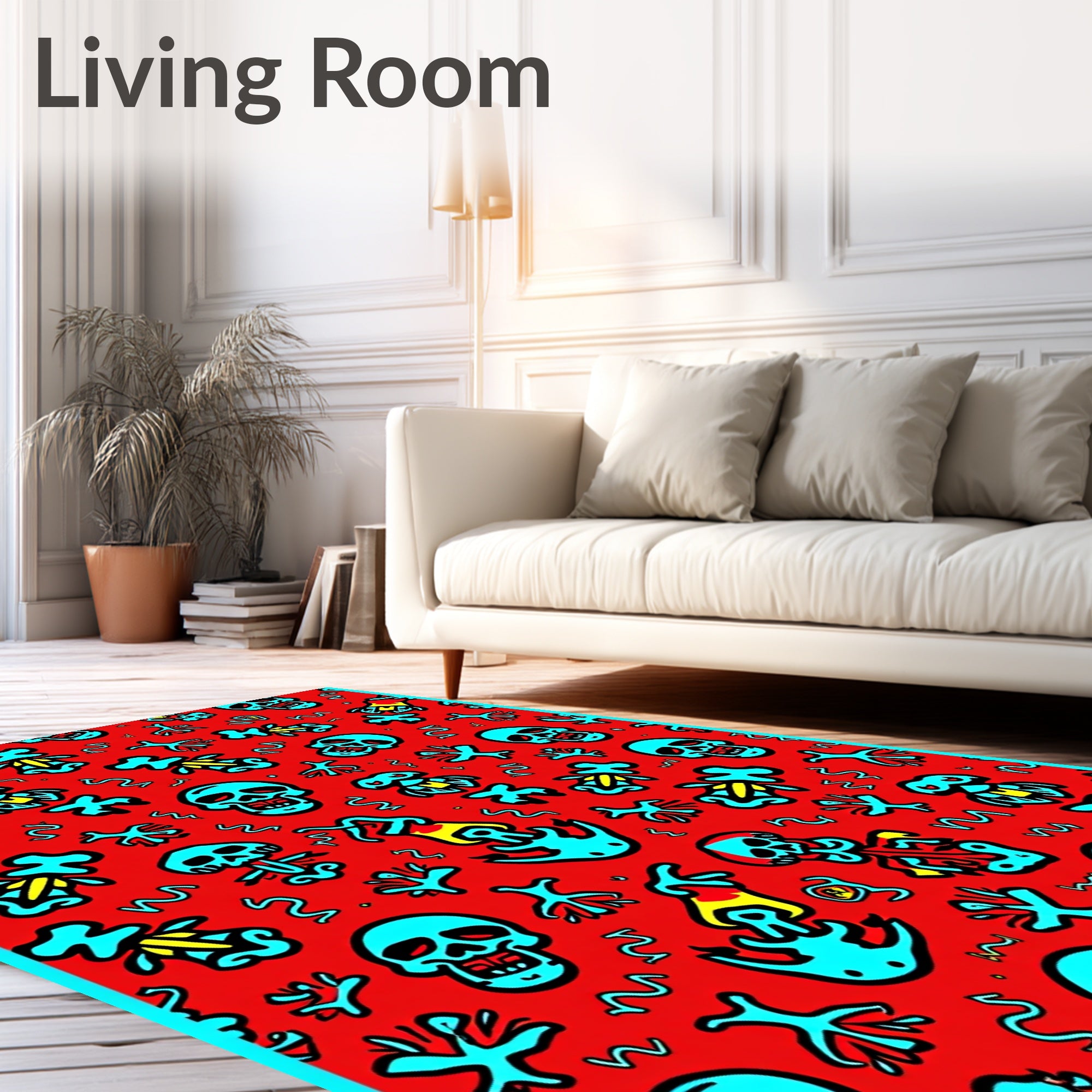 Red Turquoise Skull Skeleton Graffiti Rug