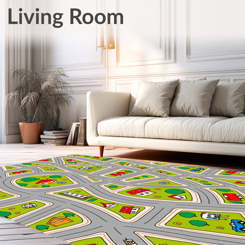 Playful Town Street Scene with Houses Rug