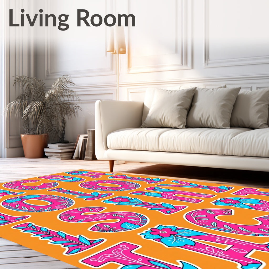 Vibrant Pink Blue Floral Alphabet Art Rug