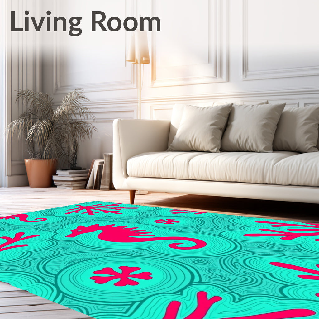 Coral Seahorse Turquoise Abstract Rug