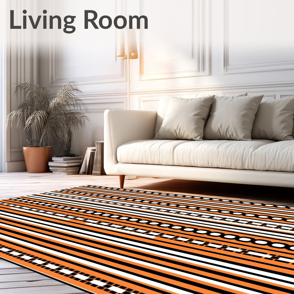 Bold Orange Black White Striped Chain Rug