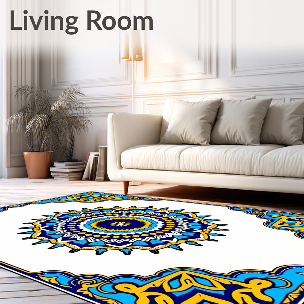 Vibrant Blue Yellow Mandala Framing Rug