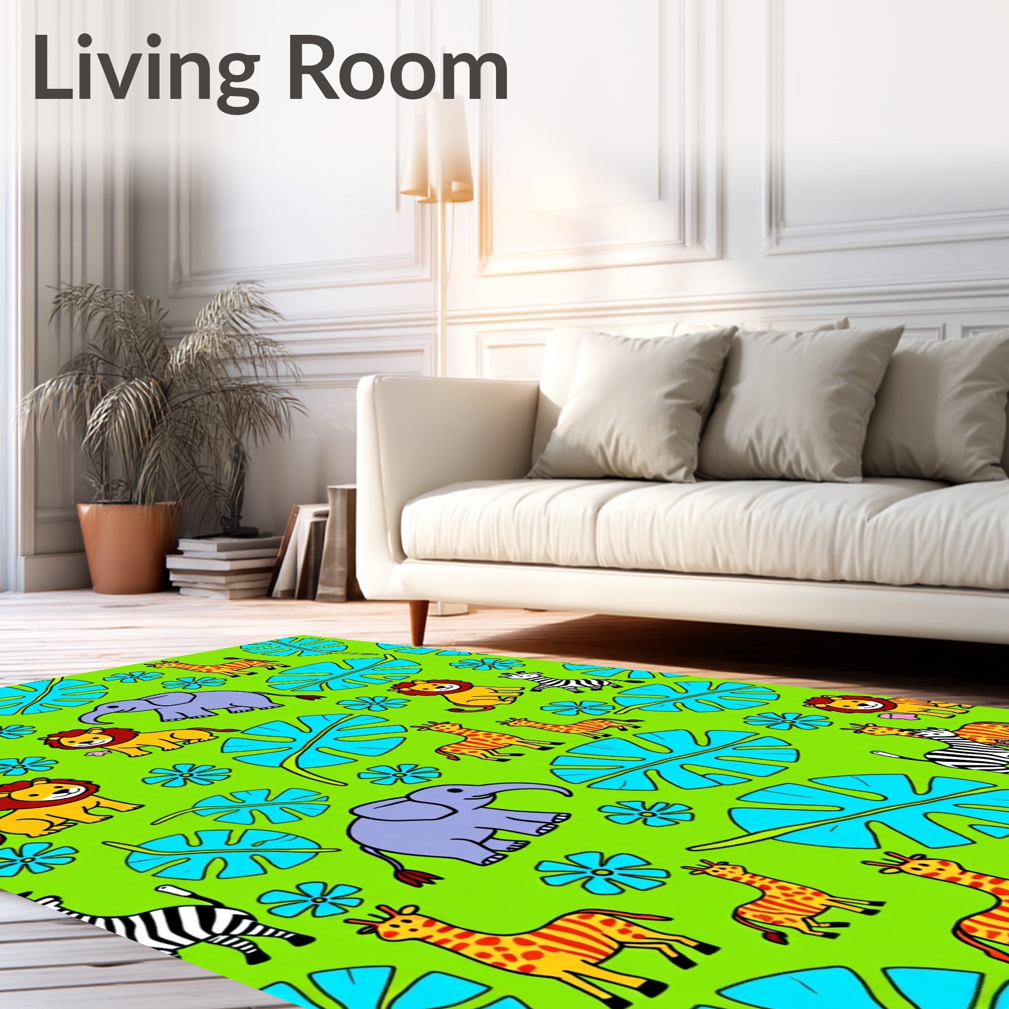 Vibrant Jungle Safari Animals Floral Rug