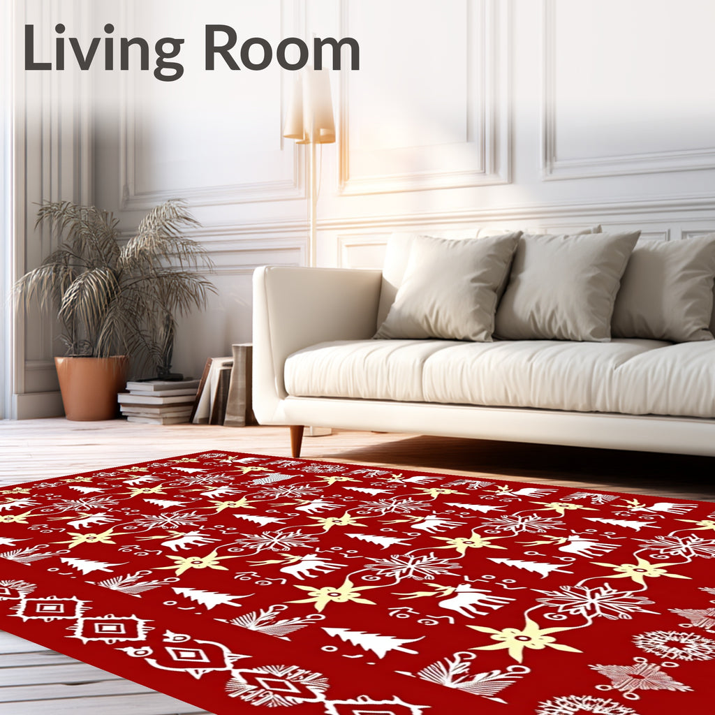 Red White Yellow Festive Reindeer Snowflakes Rug