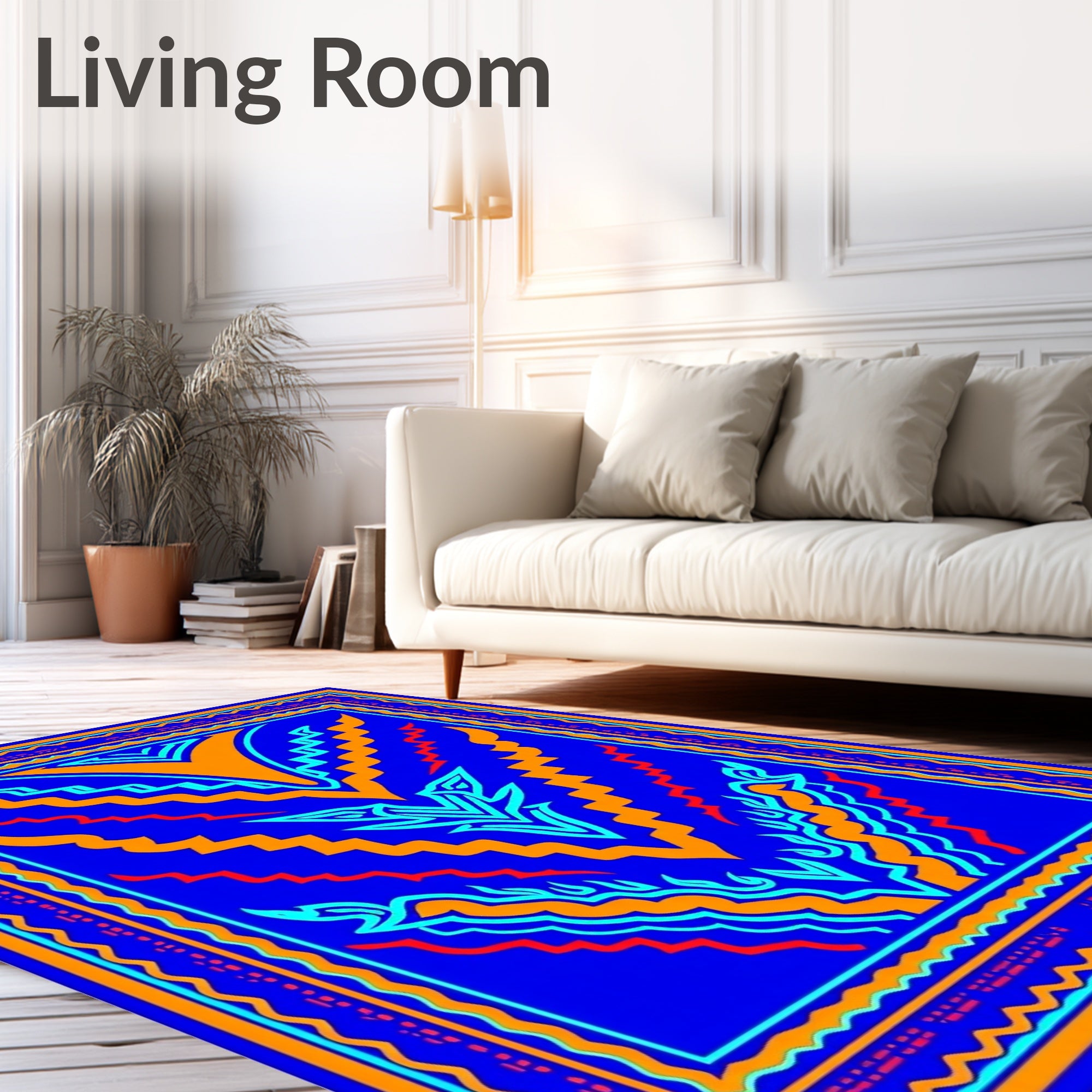 Vibrant Blue Geometric Flame Rug