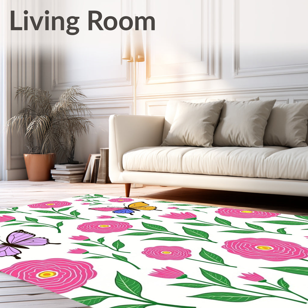 Pink Blooming Garden Butterflies Rug
