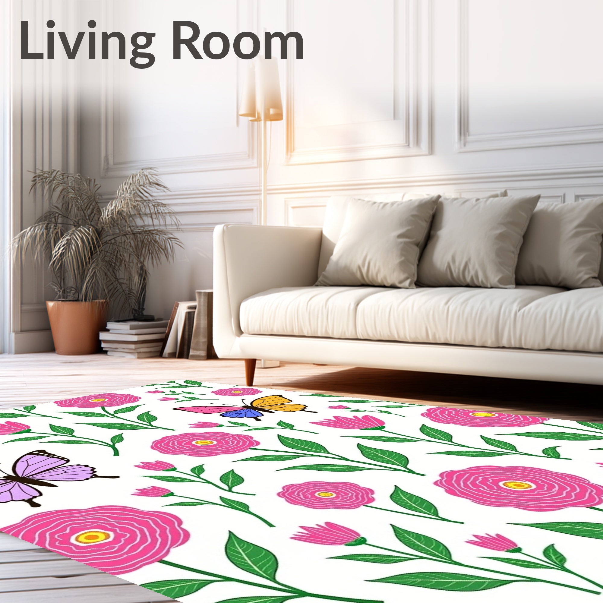 Pink Blooming Garden Butterflies Rug