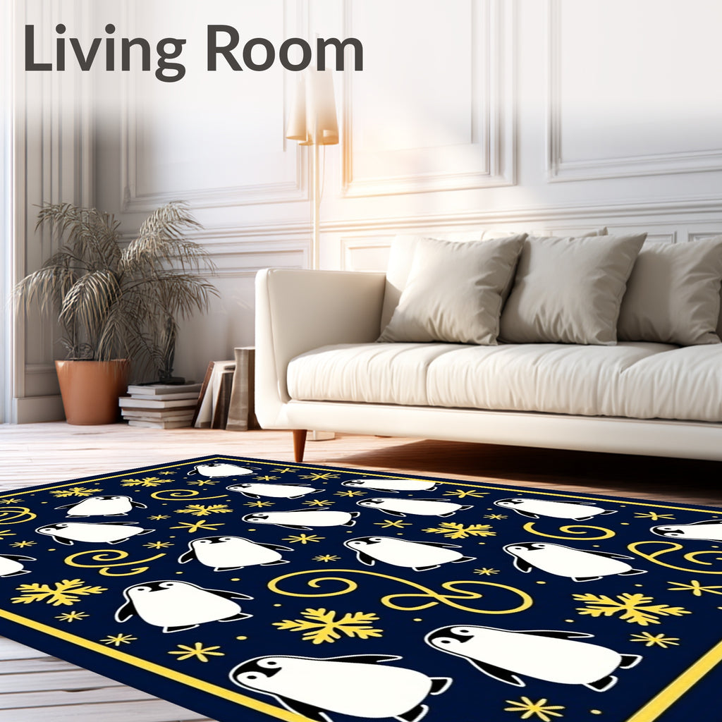 Navy Blue Penguin Snowflakes Whimsical Rug